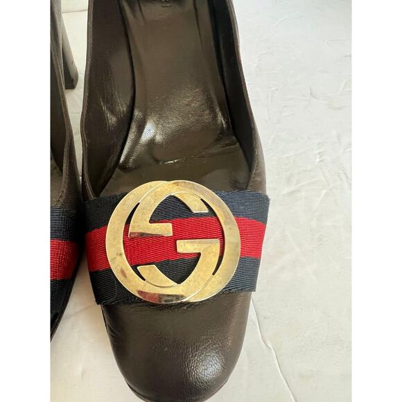 Gucci Dark Brown Calf Leather Gold GG Logo Block Heel Slip On Pumps Sz 7C - Picture 5 of 14
